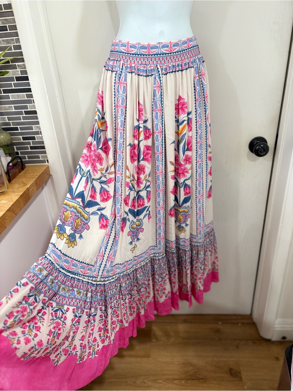 Pink Floral Bohemian hippie festive Maxi Skirt